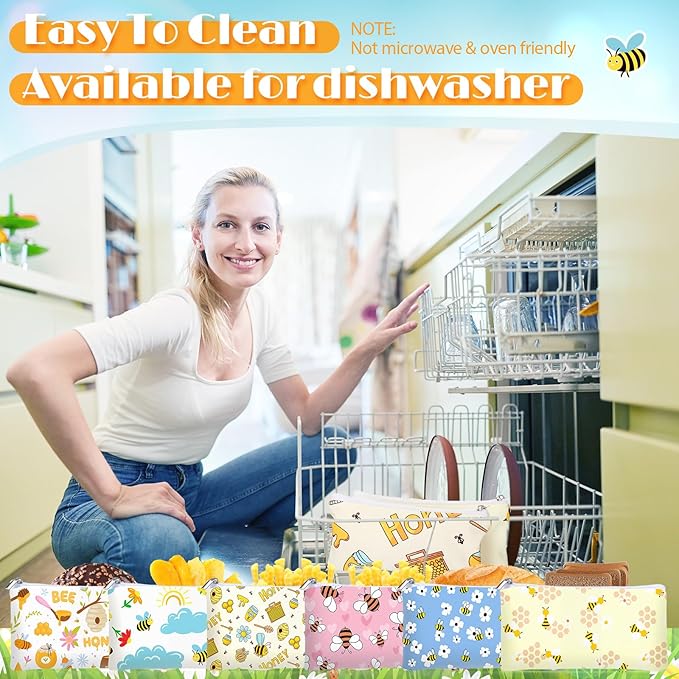 Chumia 6 Pcs Reusable Snack Bags Christmas Gifts Food Safety Washable Snack Bags Lunch with Zipper Portable Sandwich Bag Food Storage Pouch Double Layer(Bees,6.9 x 3.7 Inches)