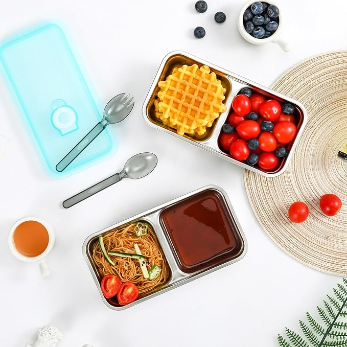 Stainless Steel Snack Containers with Lids, 2 Pack Reusable Grab and Go 2 Compartment Lunch Box for Travel & Outdoor Campin.