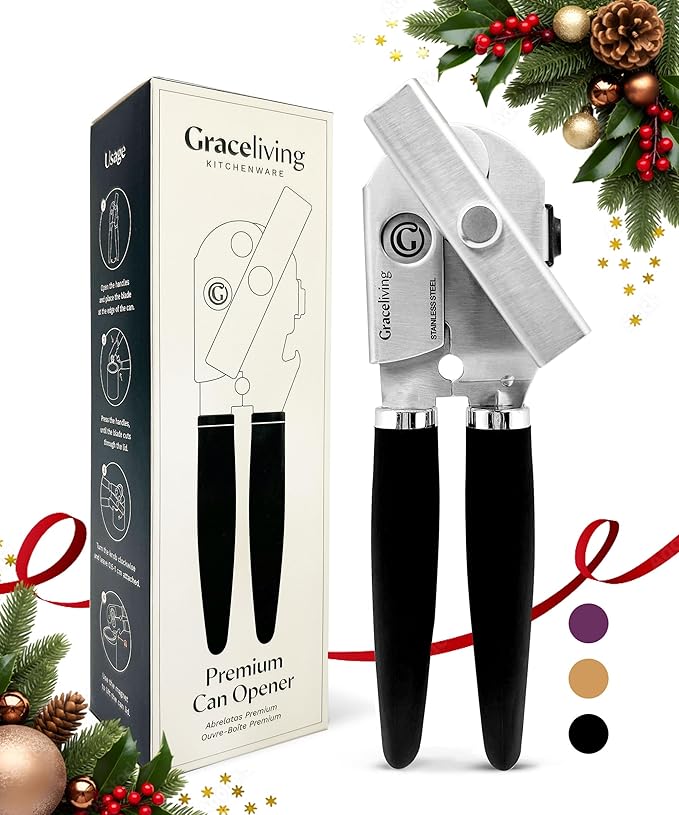 Premium Multifunctional Magnetic Manual Can Opener and Bottle Opener, Heavy Duty Stainless Steel Sharp Cutting Blade and Oversized Easy Turn Knob, Soft-Touch Handle, Kitchen Use, Black