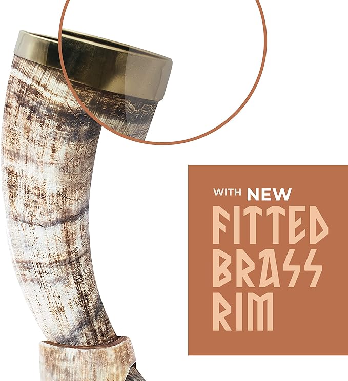 Norse Tradesman Genuine 12" Ox-Horn Viking Drinking Horn with Brass Rim, Brown Leather Belt Holster, Fitted Stand & Burlap Gift Sack - The Classic, 12-Inches, Low Polish
