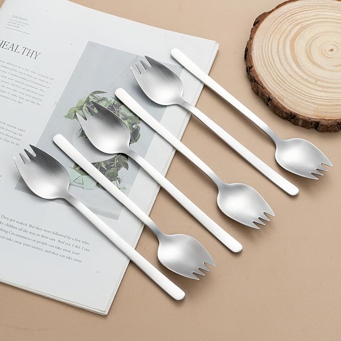 8-Piece Silver Salad Serving Set - 11.4 inch Stainless Steel Spoon & Fork with 6 Salad Forks, Titanium Plating, Dishwasher Safe for Entertaining, Parties