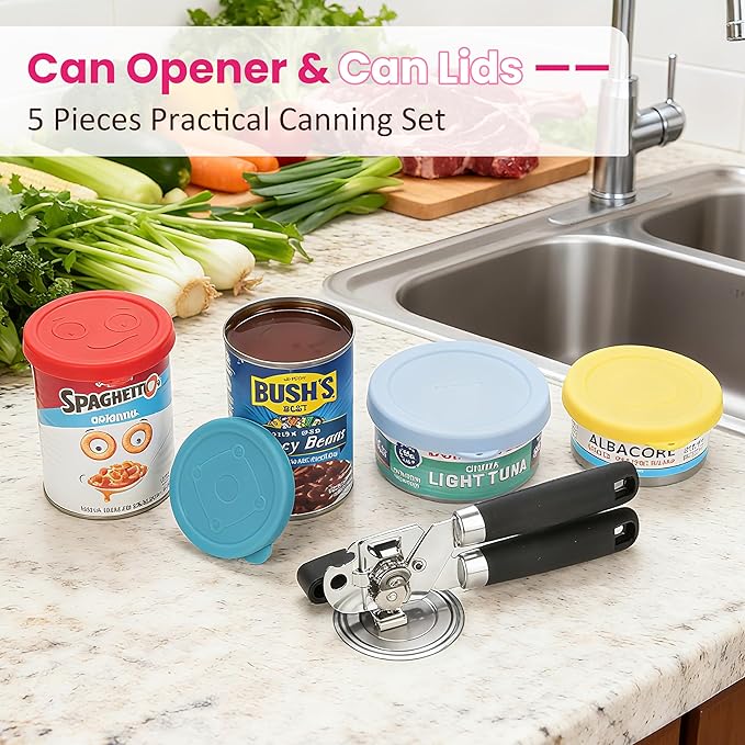 5 PCs Practical Canning Lid Set — 1 Pack Magnetic Can Opener Bundle with 4 Packs Silicone Can Lids, Fit 3.0''|3.2''|3.5''|4.0'' Canned Food | Stainless Steel Can Opener Manual | Holiday Kitchen Set
