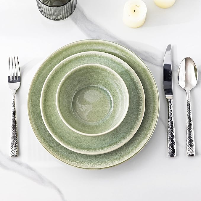 AmorArc Ceramic Dinnerware Sets for 4, 12 Pieces Handpainted Plates and Bowls Set, Scratch Resistant Stoneware Dishes Set, Dishwasher & Microwave Safe, Olive Green