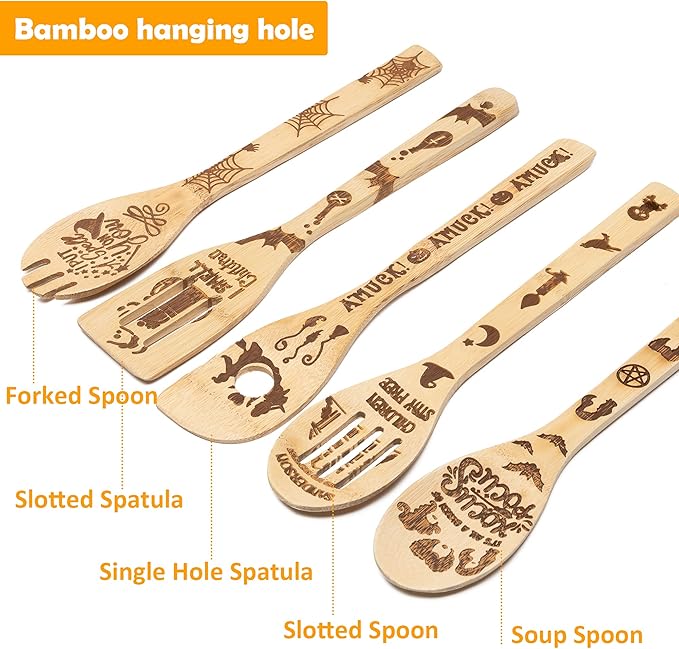 Eartim Hocus Pocus Wooden Cooking Utensil Set - 5Pcs Halloween Kitchen Cooking Gadget Natural Carve Bamboo Spoon Slotted Spatula Non-Stick Cookware Utensil Birthday Housewarming Gift Halloween Supply