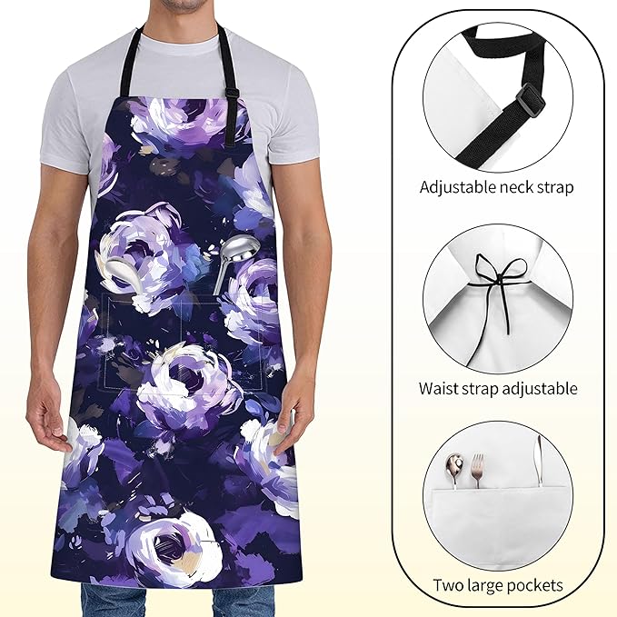Floral Apron for Women with Purple Rose,28x33in,Elegant Flower Kitchen Aprons with 2 Pockets, Oxford Fabric,Dark Adjustable Apron for Cooking Baking Gardening Chef,Gifts for Mom Wife