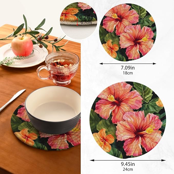 Hibiscus Flower Leaves Kitchen Trivets Pot Holders Set of 2, Trivets for Hot Pots Dishes Woven Trivet Coaster Pad Mat for Counter