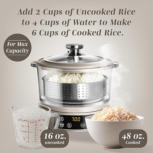 COOK WITH COLOR 3L Glass Mini Low Carb Rice Cooker – Holds 2 Cups Raw/Makes 6 Cups Cooked with Auto Lift Filter Basket, Hotpot & Steamer for Rice, Grains, Digital Panel with Keep Warm, Greige