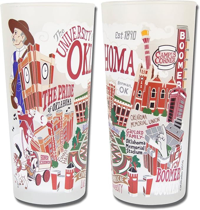 Catstudio Drinking Glass, University of Oklahoma Glass Cup for Kitchen, 15oz Dishwasher Safe Tumbler for UO Alumni