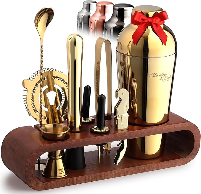 Mixology & Craft Bartender Kit: 10-Piece Cocktail Shaker Set with Dark Bamboo Stand | Complete at Home Bar Set with Bar Accessories | Great Housewarming Gift | Leak-Proof Design (Gold)