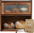 Bread Box for Kitchen Countertop - Wooden 2 Tier Bread Box with 10x Bread Bags and 10x Bread Bag Ties Vintage Breadbox Bread Storage Container Farmhouse Food Organizer Pantry Shelf (Brown)