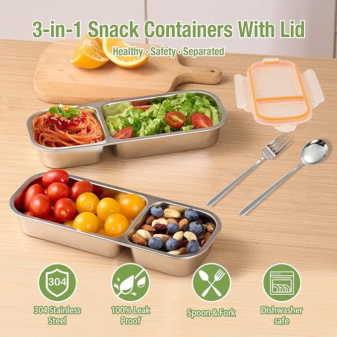 2 Pack Stainless Steel Snack Containers with Fork & Spoon, 2 Compartment Metal Bento Lunch Box with Leakproof Lids, Reusable Snack Bento Prep Containers for Home, Office, Travel