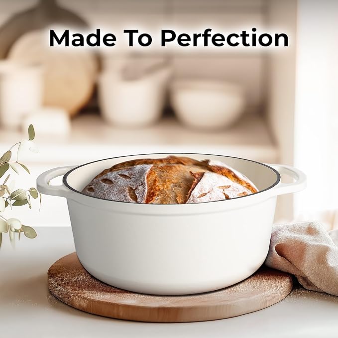 Zulay Kitchen 6 Quart Enameled Cast Iron Dutch Oven Pot with Lid – Premium Durability & Oven Safe up to 500°F – Heavy Duty Cookware Perfect for Bread Baking, Stews, Braising & Roasting – White