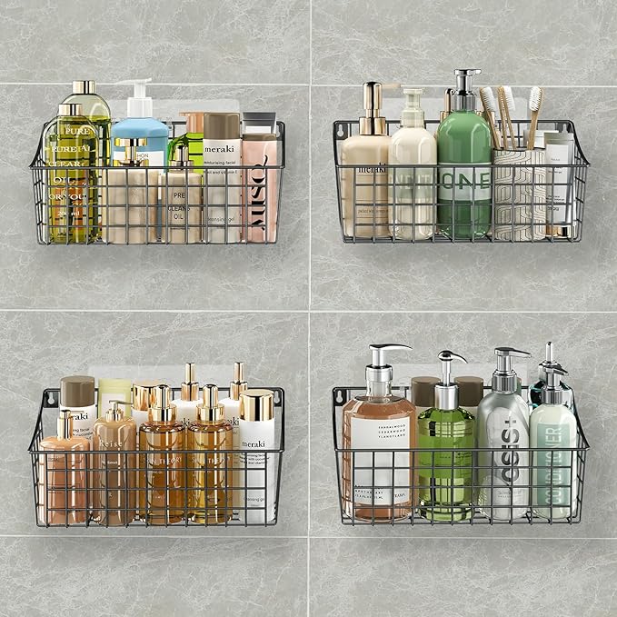 Sonyabecca 4 Pack Hanging Wall Basket for Organizing, Large Wire Basket for Storage Pantry with 5 S Hook+4 Adhesive Hook, Wall Mounted Shelf for Kitchen Bathroom