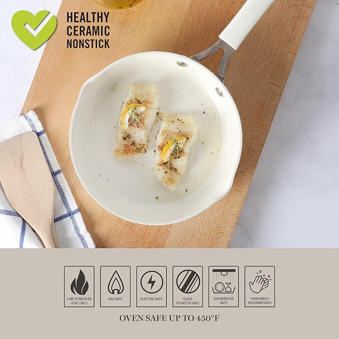 Martha Stewart Heathland 8 Inch Aluminum Fry Pan Cookware Non-Toxic Premium Ceramic Non Stick Frying Pan, Kitchen Egg Pan, Omelet Pan, Always Pan, Pots and Pans, Linen White, Induction Safe