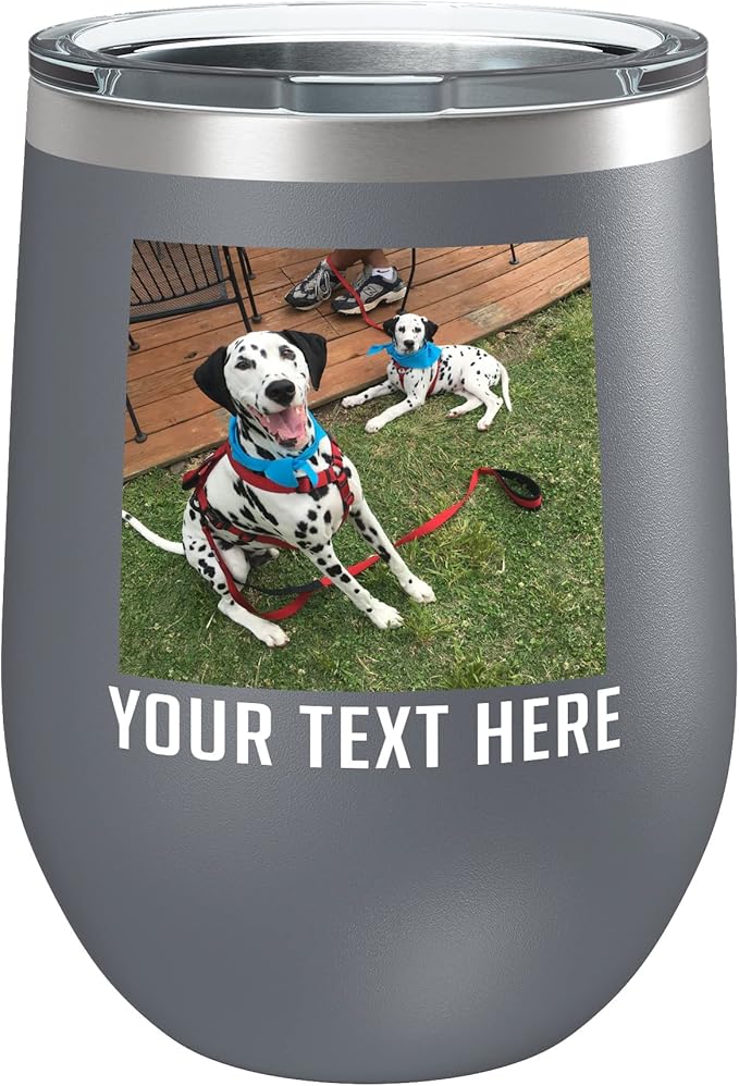 Personalized 12oz (17 Colors) Mother's Day Photo Picture Printed Insulated Stainless Steel Powder Coated Stemless Wine Tumbler with Lid, Customized Gift Idea for Her, Coach Gifts Team Mom Dad (Gray)