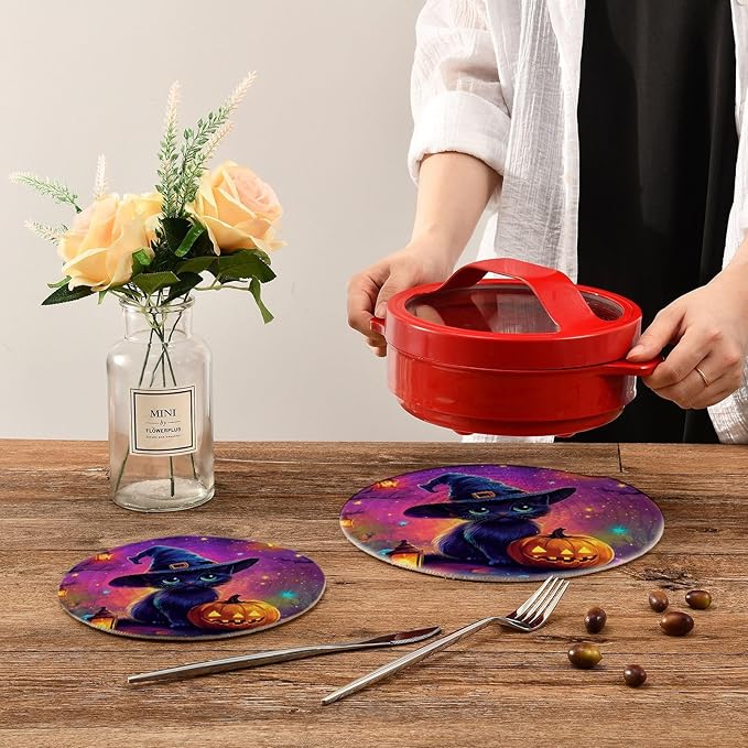 Cute Cat with Witch Hat Kitchen Trivets Pot Holders Set of 2, Trivets for Hot Pots Dishes Woven Trivet Coaster Pad Mat for Counter