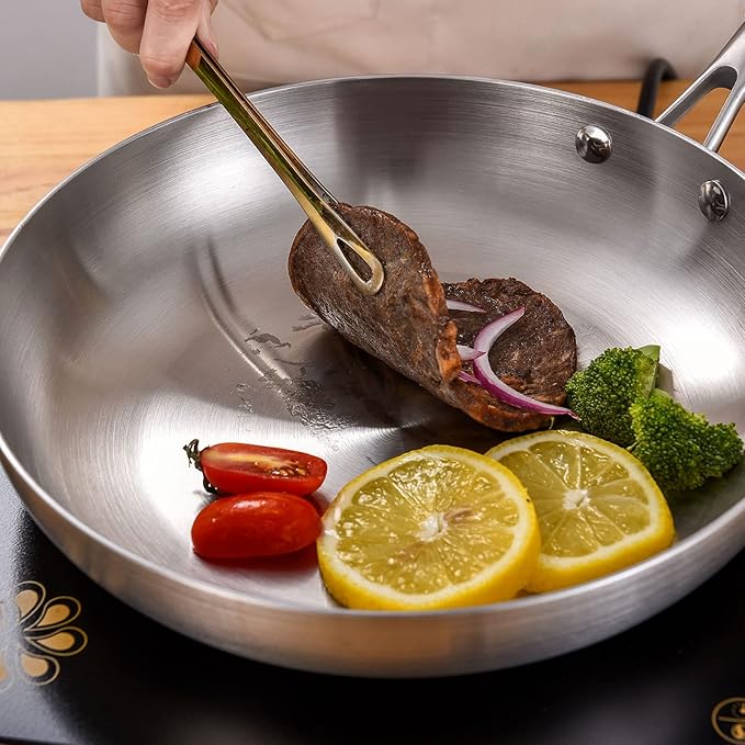 LOLYKITCH 9.5 Inch Tri-ply Stainless Steel Frying Pan with Lid,Skillet,Induction Cooking Pan,Dishwasher and Oven Safe,Riveted Handle.