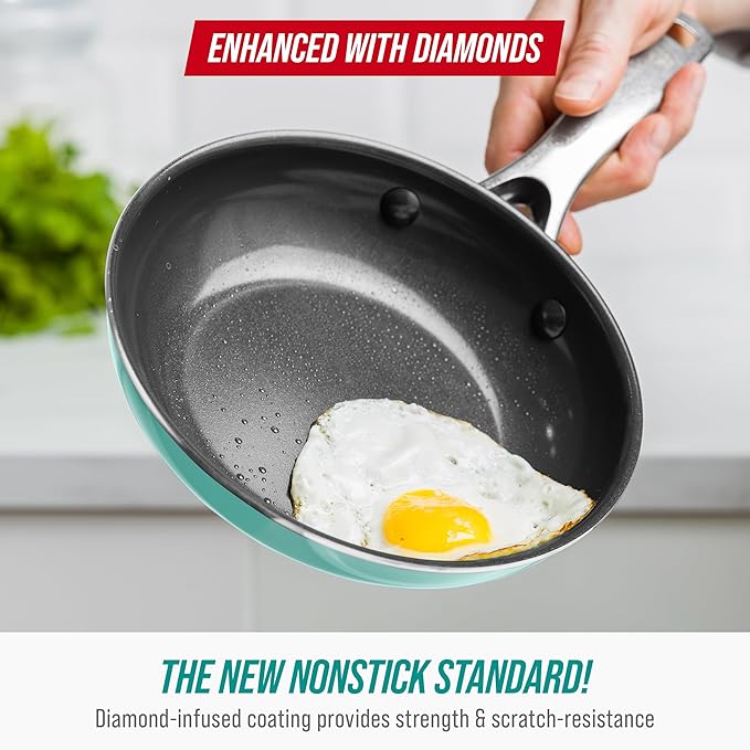 Blue Diamond Frying Pan 8” Skillet, Diamond Infused Healthy Ceramic Nonstick, PFAS and PFOA-Free, Dishwasher and Oven Safe, Even Heating, Metal Utensil Safe, Warp Control Base, Turquoise
