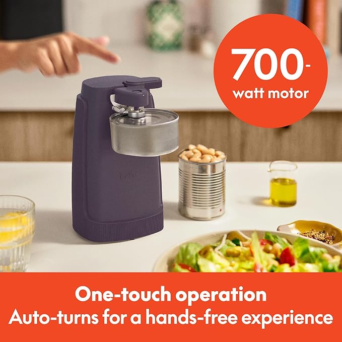 bella Electric Can Opener and Knife Sharpener, Removable Cutting Lever, Cord Storage, Stainless Steel Blade, Plum