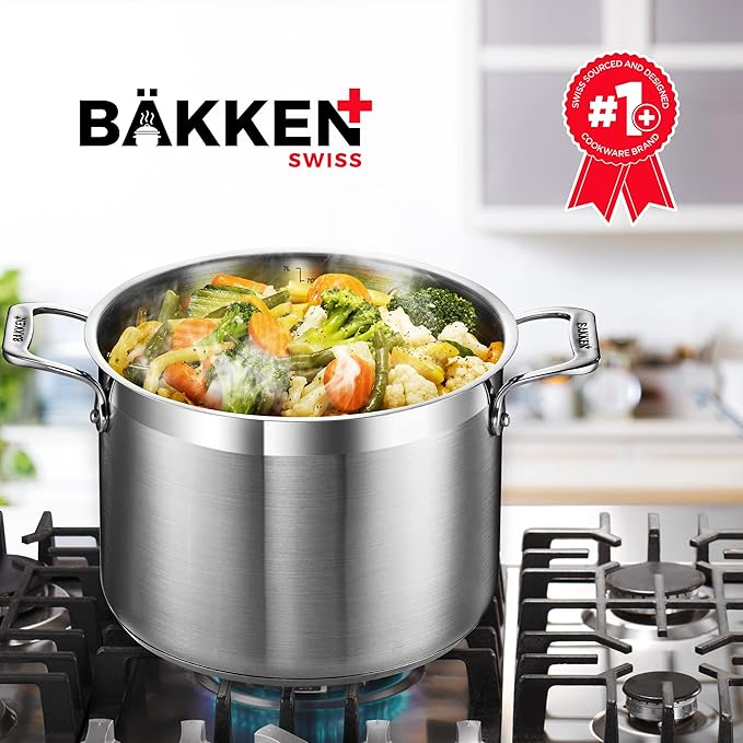 Stainless Steel Stockpot with Lid 8 Quart, Durable 18/8 Stainless Steel, Impact-Bonded Base for Even Heating, Riveted Handles, Oven & All Stove Compatible, Safe Up To 500°F (260°C)