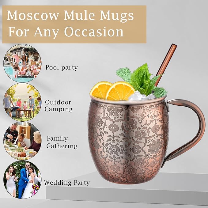 Moscow Mule MugsSet of 2-18 Oz Copper-Plated Fine Craftsmanship Etched Mugs,304 Stainless Steel-Lined Mule Cups,For Cold Drinks, Beer, Wine, Bars, Parties