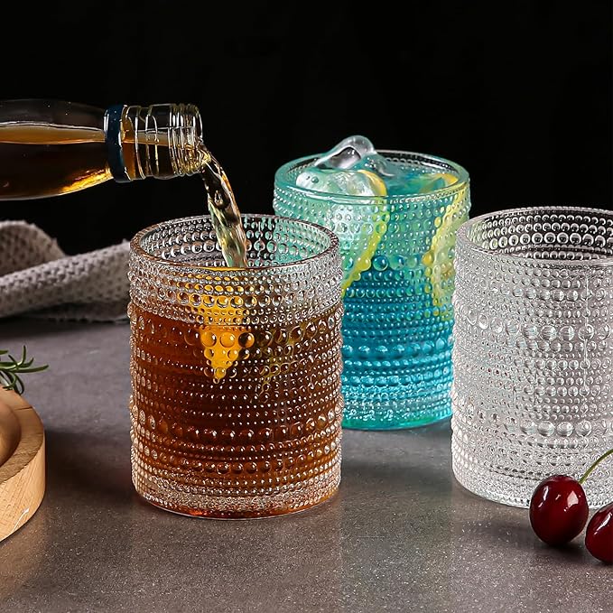 12oz Hobnail Drinking Glasses Set of 6,Clear Vintage Glassware Embossed Water Tumbler,Cocktail Glass Cups for Beer,Whiskey,Juice and Various Mixed Drinks