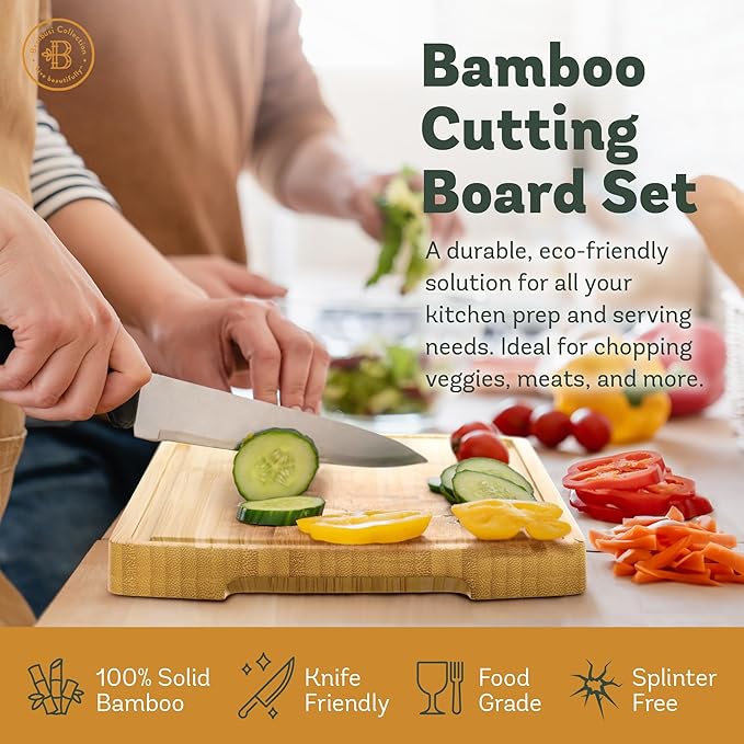 Wood Cutting Boards for Kitchen - Bamboo Cutting Board Set with Deep Juice Groove & Side Handles - Carving Chopping Board Butcher Block for Meat, Vegetables, Charcuterie, Cheese, Serving, or Meal Prep