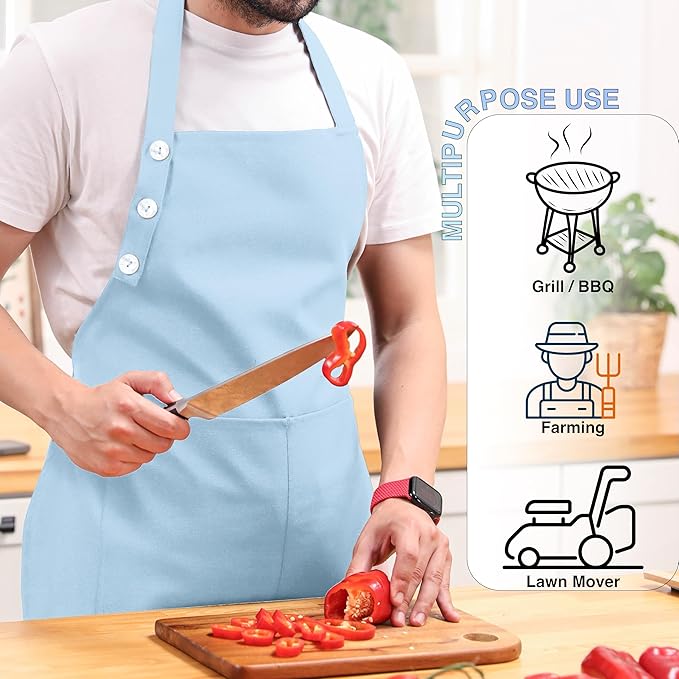 TOSHE Kitchen Apron Waterdrop Resistant Cotton Apron with adjustable Aprons for Women with Pockets 10 Color option Cooking Apron Light Blue (Light Blue)