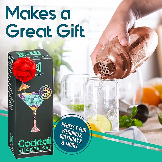 Modern Mixology 8-Piece Cocktail Shaker Set, 24oz Stainless Steel Bartender Kit with Velvet Giftable Bag, Curated Travel Cocktail Kit for Hosting Essentials (Copper)