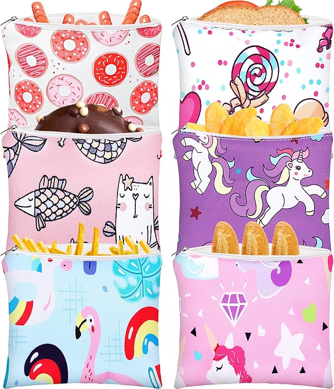 Chumia 6 Pcs Reusable Snack Bags Christmas Gifts Food Safety Washable Snack Bags Lunch with Zipper Portable Sandwich Bag Food Storage Pouch Double Layer(Lovely,7 x 7 Inches)