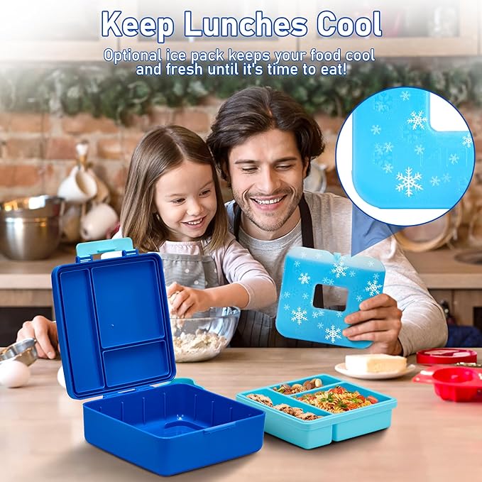 Chill Bento Lunch Box for Kids Adult with Ice Pack,Leak Proof 3 Compartments Lunch Container for Kids,Ice Pack Detachable Bento Box,BPA Free,Dishwasher & Microwave Safe-Blue