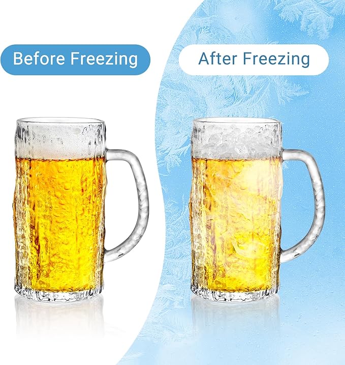 16.5oz Beer Mug, 4 Pack Glass Beer Mugs for Freezer, Clear Large Beer Steins with Handle, Gifts for Men