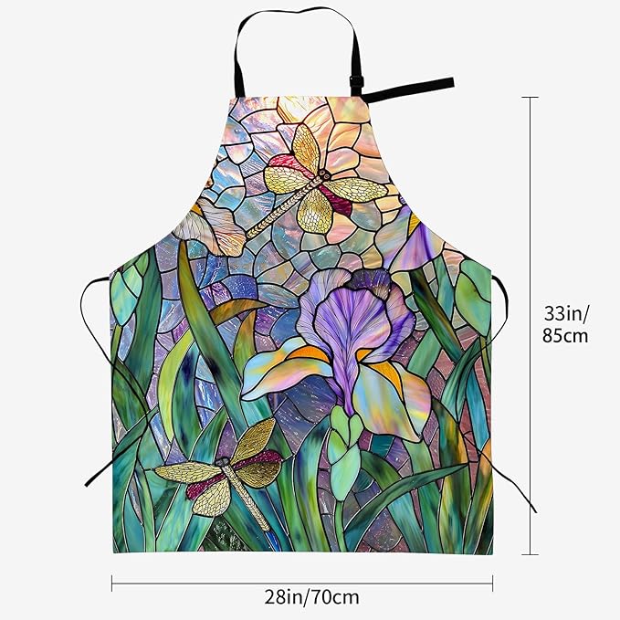 Stained Glass Apron for Women, 28x33in, Kitchen Chef Aprons with 2 Pockets, Polyester, Modern Floral Dragonfly Apron for Cooking BBQ Baking Gardening Chef, Gifts for Mom Wife Dad