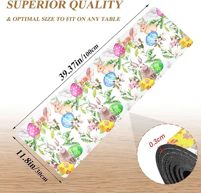 Easter Trivet Table Runner 40 Inches Long Easter Bunny Eggs in Grass Flowers Heat Resistant Hot Pad Multi Purpose Mat for for Hot Pots Pans Kitchen Countertops