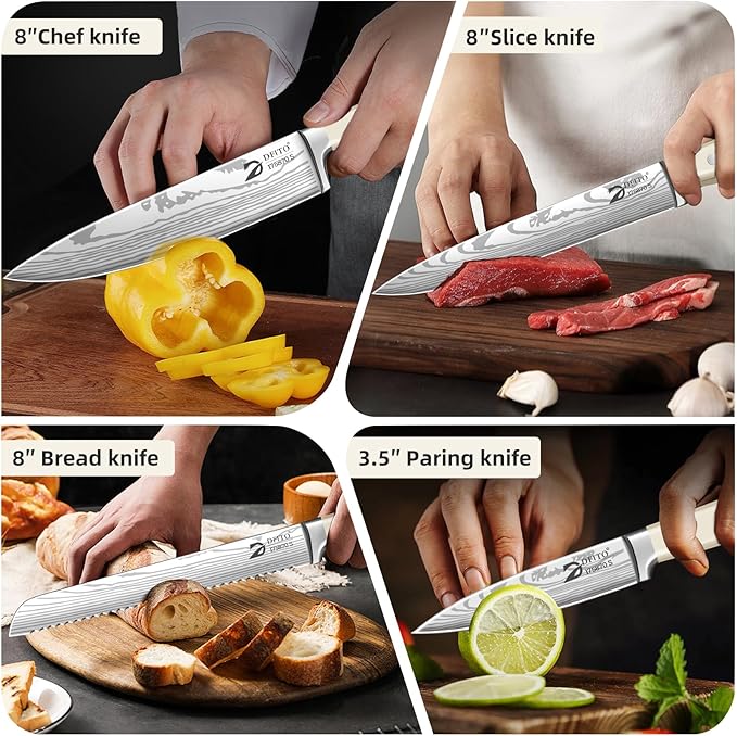 Dfito Chef Knife Set with Roll Bag, 9 Piece Professional Stainless Steel Japanese Kitchen Knife Set with Ergonomic Handle for Professional Chef, Dishwasher Safe, Camping, Travel, BBQ, RV or Gift Beige