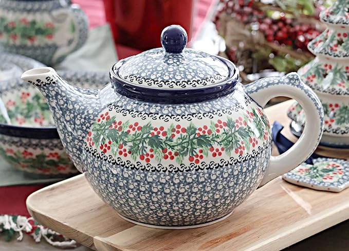 Blue Rose Polish Pottery - Blue Noelle Medium Teapot - 4 Cup Capacity - Ceramic Holiday Teapot, Festive Christmas Design for Serving Tea, Coffee or Hot Cocoa