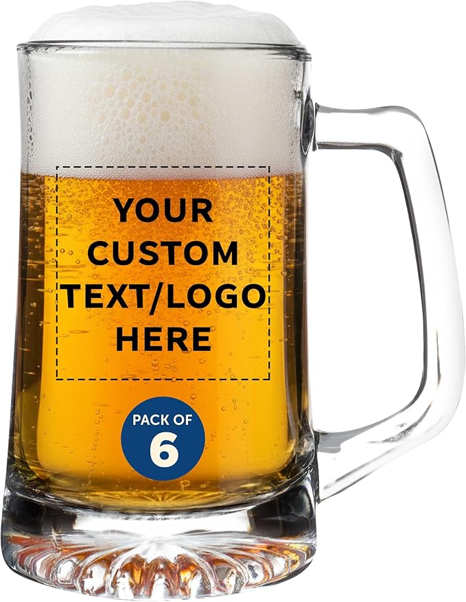 DISCOUNT PROMOS Custom ARC Glass Beer Mugs 25 oz. Set of 6, Personalized Bulk Pack - Great for Octoberfest, Pub, Restaurant - Clear