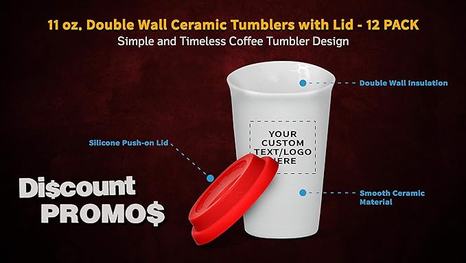 Personalized 11 oz. Double Wall Ceramic Tumblers with Lid - 12 Pack - Custom Text, Logo - Red