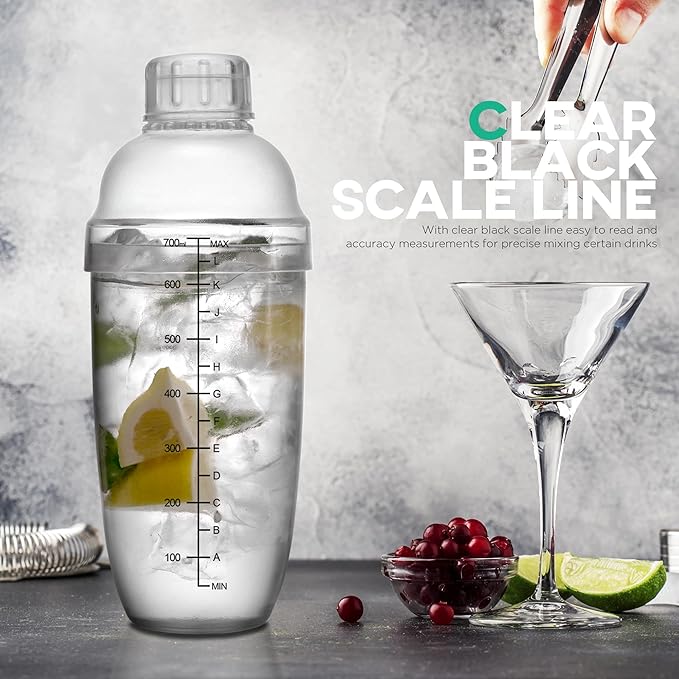 Homestia 3 Pack Plastic Cocktail Shaker with Extra 3 Caps, 700cc / 24 oz Clear Boba Tea Cup Matcha for Milk Wine Coffee Mixing, Bar Tool Hand Drink Mixer w/Scales and Strainer Top Clear Shaker Cup