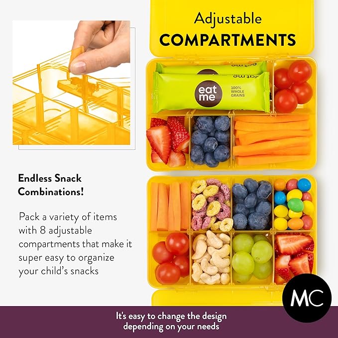 Snack Box Containers Set of 2-Reusable,100 Dissolvable Labels, 8 Adjustable Compartments, Dishwasher Safe, BPA-Free, Meal Prep Container, PARENT TESTED PARENT APPROVED AWARD (2 Pack) (Yellow)