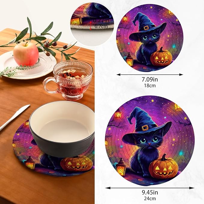 Cute Cat with Witch Hat Kitchen Trivets Pot Holders Set of 2, Trivets for Hot Pots Dishes Woven Trivet Coaster Pad Mat for Counter