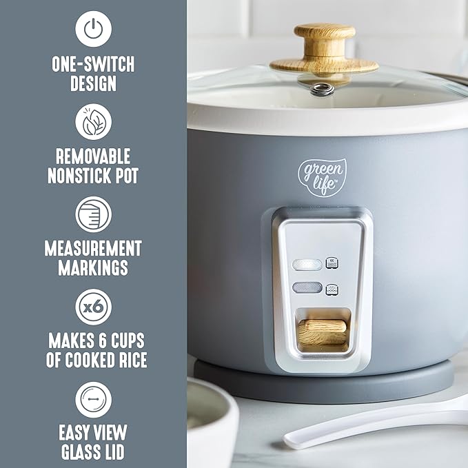 GreenLife Rice Cooker with Removable PFAS-Free Nonstick Pot, 3-Cups Uncooked/6-Cups Cooked, One-Switch Design, Auto Keep Warm Function, Soup, Grains, Oatmeal, Wood Handle, Gray