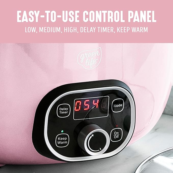 GreenLife 8QT Slow Cooker, Non-Toxic PFAS-Free Ceramic Nonstick Removable Interior Bowl, Programmable, Family Friendly, Keep Warm, Stovetop & Oven Safe, Dishwasher Safe Crock, Timer, Glass Lid, Pink