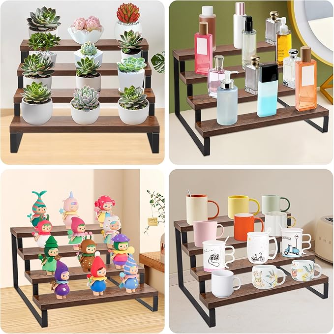 IHKFILAN Wooden Display Riser Stand,4 Tier 13.8IN Perfume Display Stand,Wood Rustic Cupcake Stand,Tiered Countertop Display Shelf for Figures,Condiment,Dolls Collection,Makeup,Cupcake,Perfume
