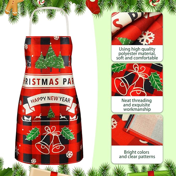 SATINIOR 4 Pcs 21.7" x 26.8" Christmas Aprons Adjustable Kitchen Aprons Xmas Plaid Merry Christmas Bib for Adults