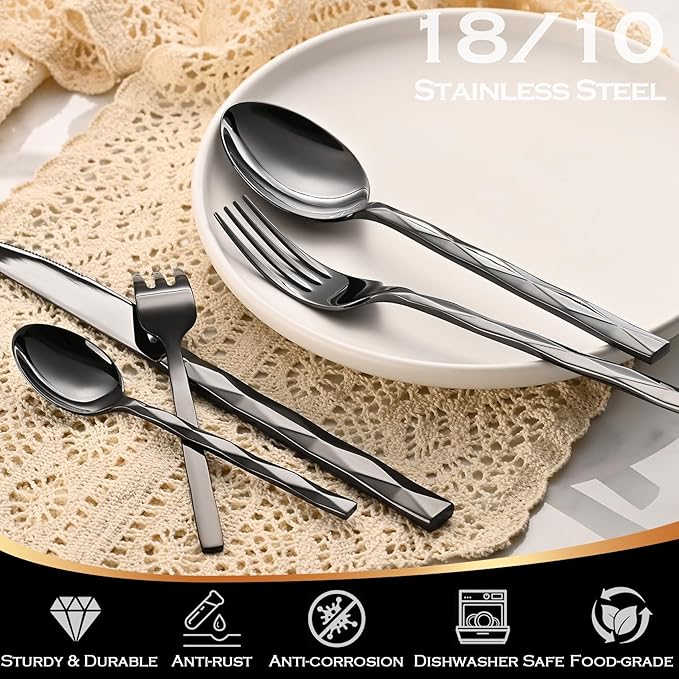 Black Silverware Set, Luxury 20-Piece Flatware Set for 4, Cutlery Set Stainless Steel, Diamond Cut Pattern, Home, Wedding & Party, 18/10 Stainless Steel Tablewaret & Dishwasher Safe Utensils.