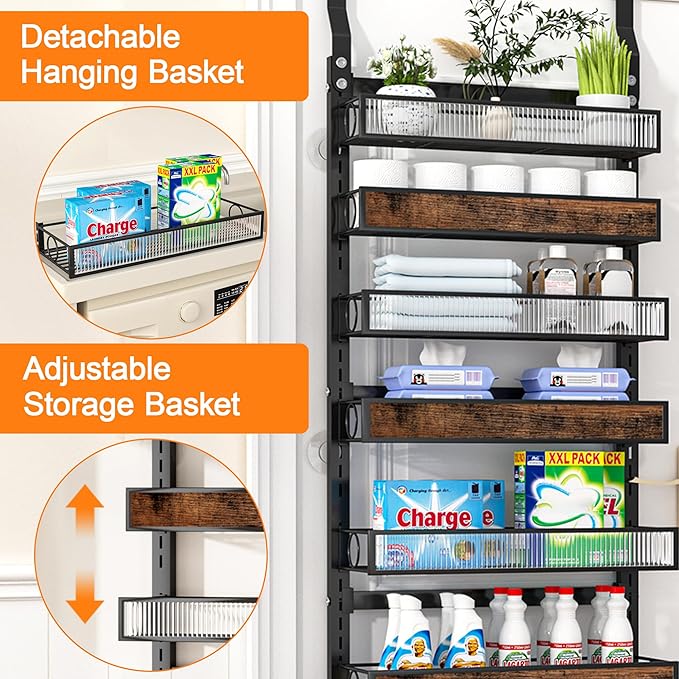 Over The Door Pantry Organizer,8 Tier Spice Rack Wall Mount with Adjustable Basket,Metal Heavy Duty Door Organizer Hanging Storage Shelf for Kitchen Pantry and Bathroom