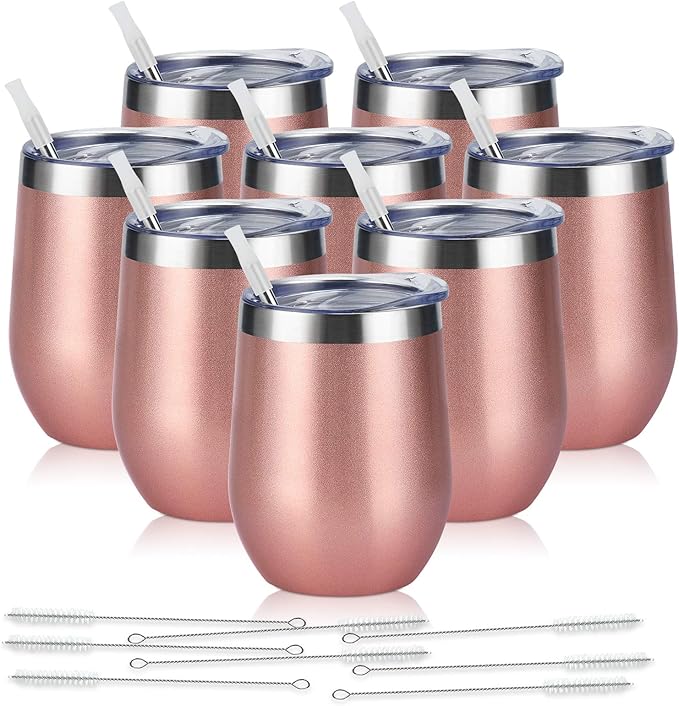 8 Pack 12Oz Stainless Steel Wine Tumblers, Insulated Wine Tumbler, Double Wall Insulated Wine Glass, Stainless Steel Stemless Wine Cups with Lids for Coffee, Wine, Cocktails, Champaign, Rose Gold