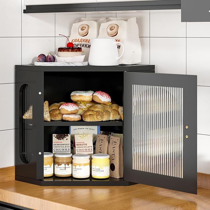 Corner Bread Box for Kitchen Countertop, Large Wooden Bread Box, Double Layer Bread Storage Bin, Bamboo Breadbox for Homemade Bread, Farmhouse Kitchen Organizer with Acrylic Window, Black