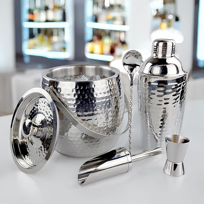 BREKX Stainless Steel Beverage Tub and Ice Bucket with Lid and Scoop Party Combo Set, Silver Double-Walled Insulated Barware Set